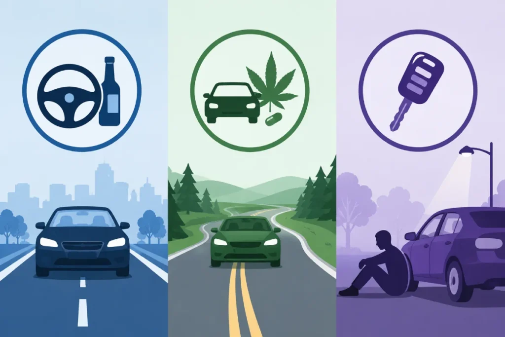 Minnesota DWI vs DUI vs OWI: driving with alcohol, driving with drugs, and parked vehicle control.
