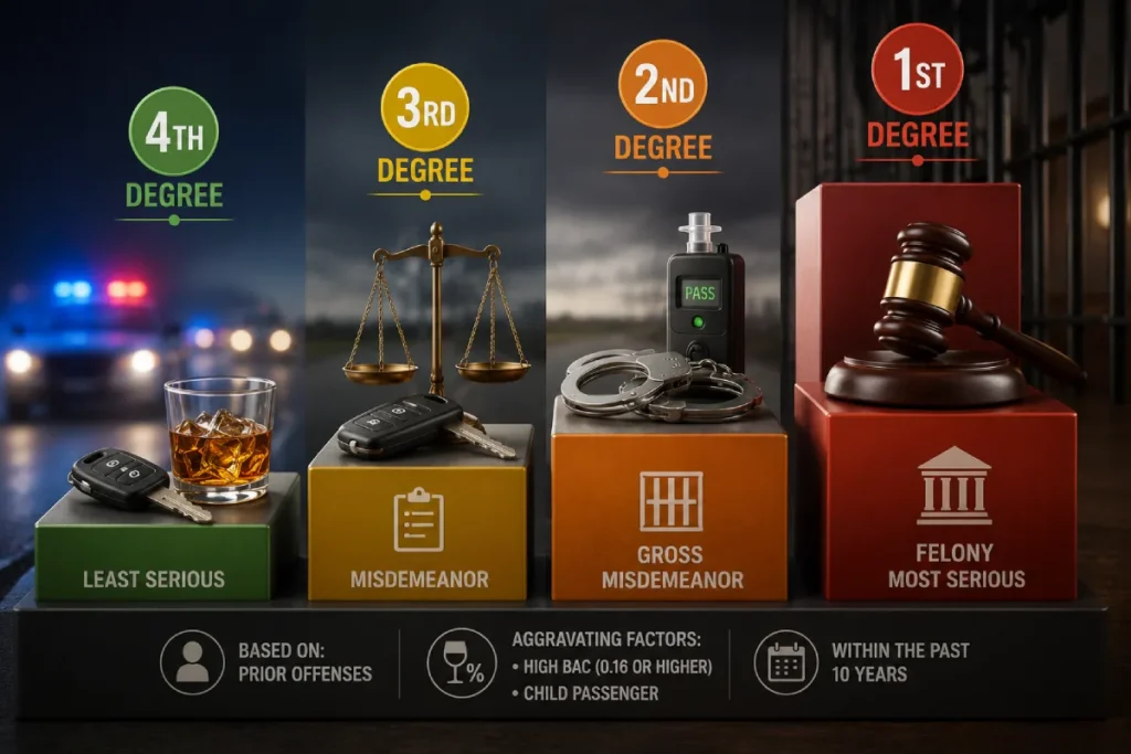 Minnesota 4 degrees of DWI: penalty blocks from fourth-degree misdemeanor to first-degree felony.