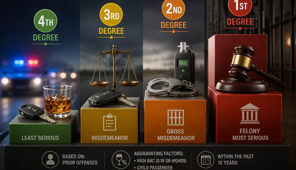 Minnesota 4 degrees of DWI: penalty blocks from fourth-degree misdemeanor to first-degree felony.